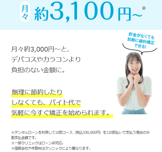 キレイライン矯正の10回コースを120回払いで支払う場合の分割支払金額