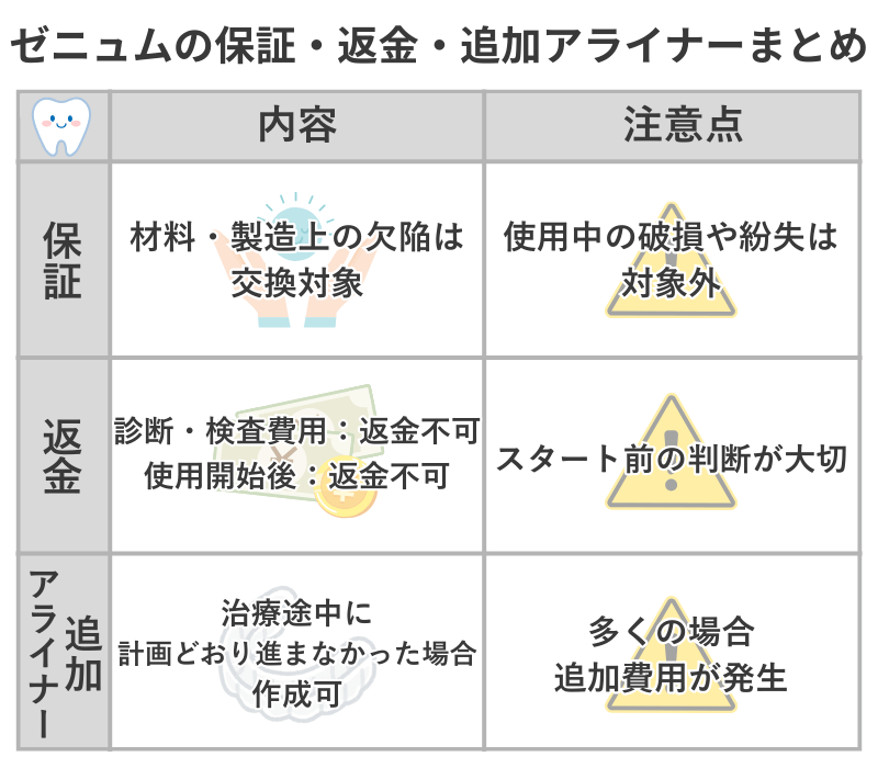 ゼニュム矯正の保証内容・返金不可項目・追加アライナー費用まとめ表｜材料不良は保証対象・診断や検査費用は返金不可・追加アライナーは別途費用が発生する可能性