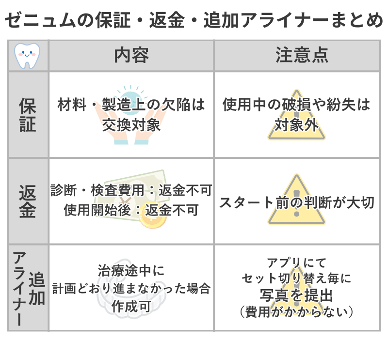 ゼニュム矯正の保証内容・返金不可項目・追加アライナー費用まとめ表|材料不良は保証対象・診断や検査費用は返金不可・追加アライナーは別途費用が発生する可能性