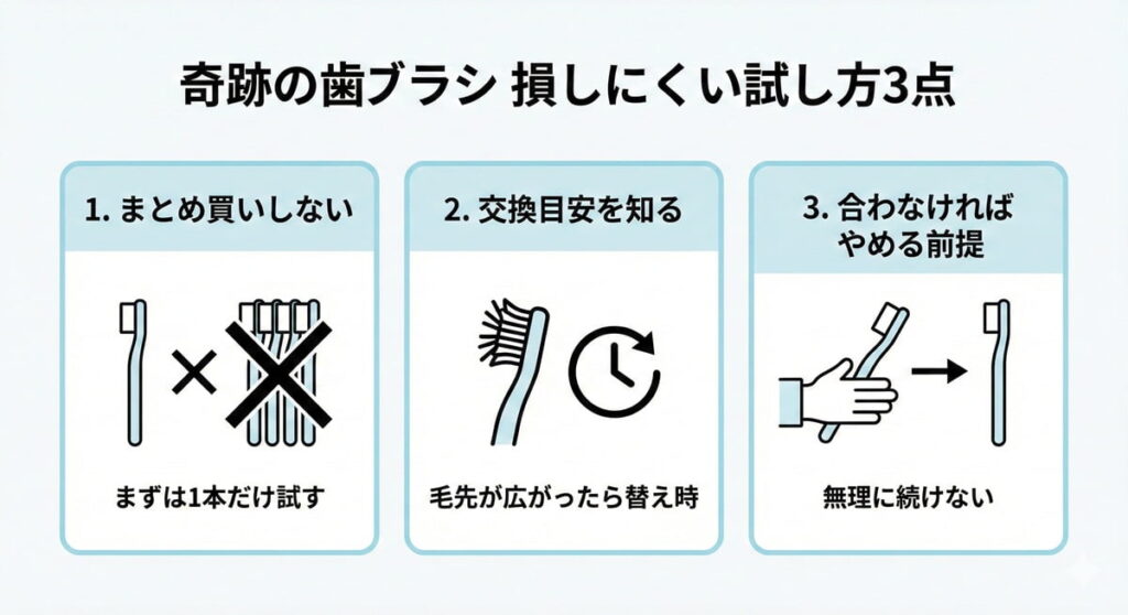 奇跡の歯ブラシで損しにくく試すためのポイントを3つに整理した図