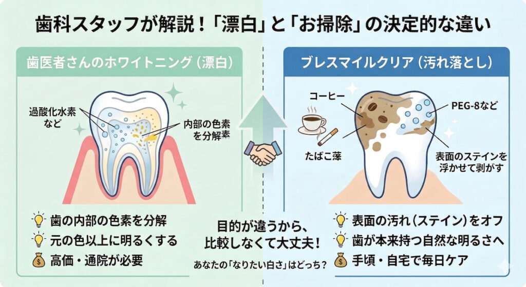 ブレスマイルクリア（汚れ落とし）と歯科医院のホワイトニング（漂白）の仕組みの違いを解説した比較図
