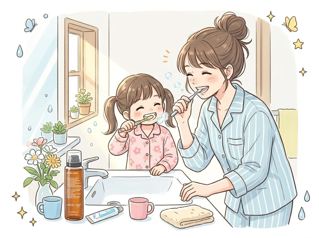 朝の洗面台で、パジャマ姿の母親と小さな娘が仲良く並んで歯を磨いているイラスト。手元にはニコニンのボトルが置かれ、親子で楽しくお口のケアを習慣にしている温かい日常の風景を描いています。