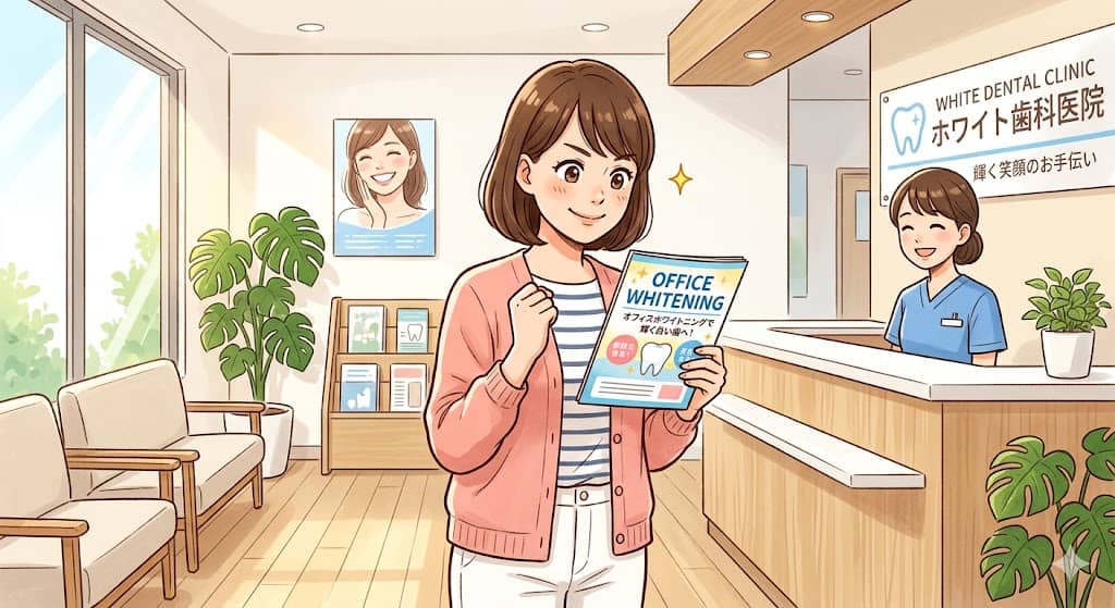 スターホワイトニングの店舗（歯科医院）で、ホワイトニングを受ける決意をしてガッツポーズをする女性のイラスト。背景には笑顔のスタッフが描かれています。