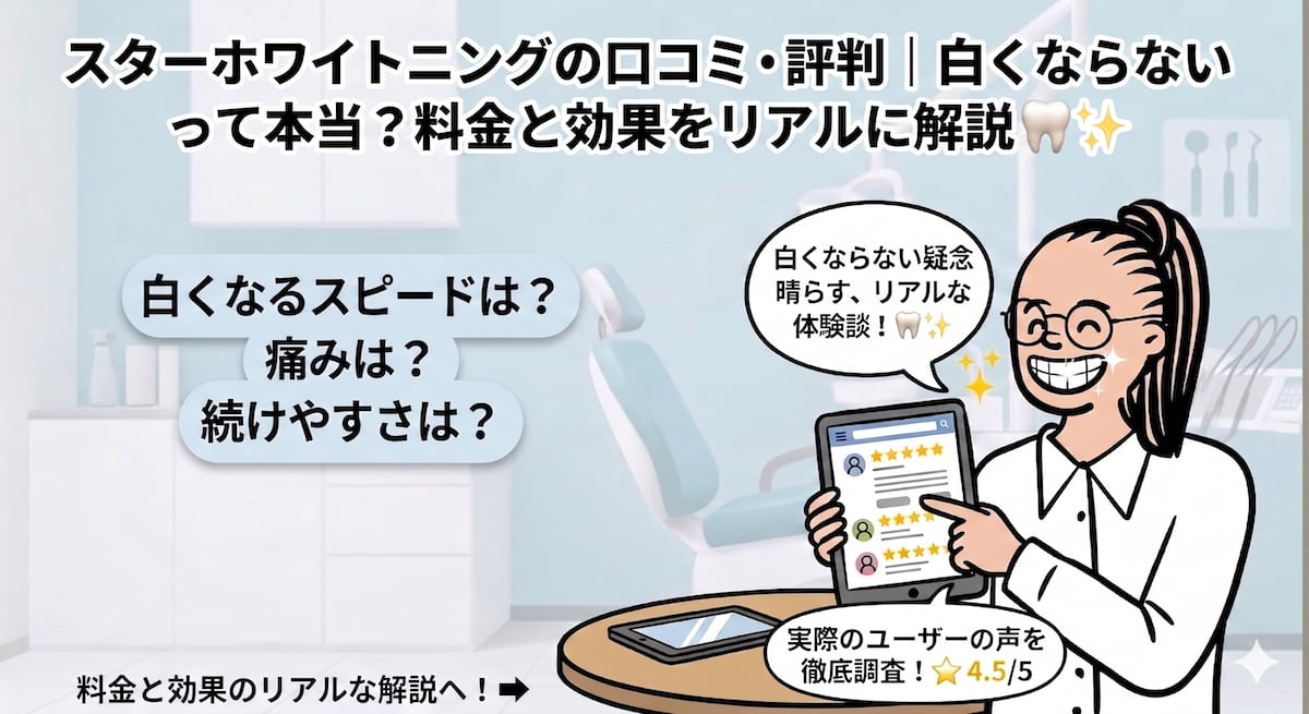 スターホワイトニングの口コミ・評判を解説するアイキャッチ画像。タブレットでレビューをチェックするみずぐっちゃんのイラストと、「白くならないって本当？料金と効果をリアルに解説」のテキスト。